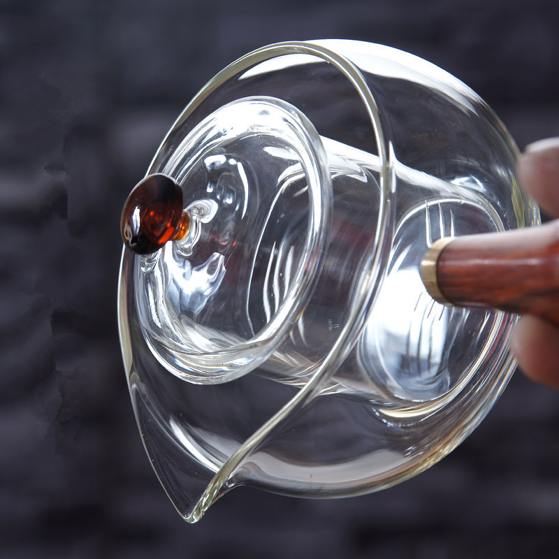 Ceainic Gongfu din sticlă borosilicat cu mâner lateral și mâner din lemn