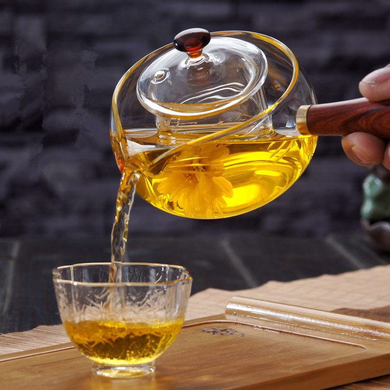 Ceainic Gongfu din sticlă borosilicat cu mâner lateral și mâner din lemn