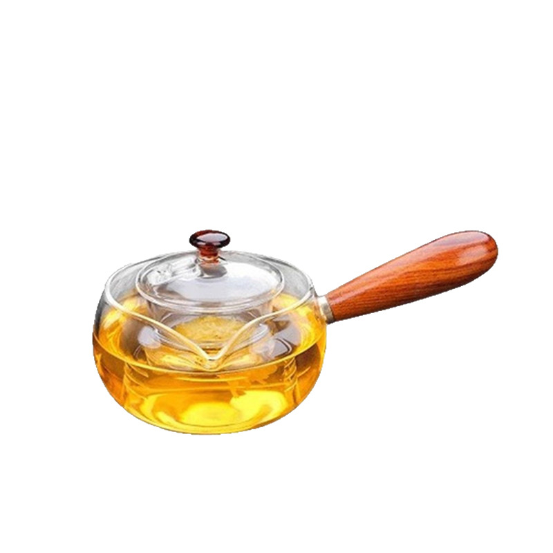 Ceainic Gongfu din sticlă borosilicat cu mâner lateral și mâner din lemn