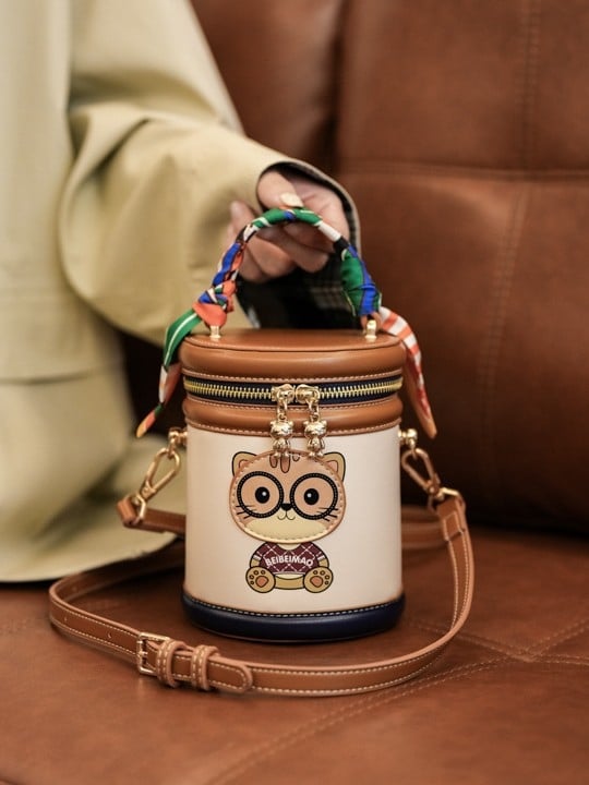North Bag Geantă crossbody din PU, formă cilindrică rotundă, mică, buzunar telefon, buzunar carduri, fermoar, stil lux ușor