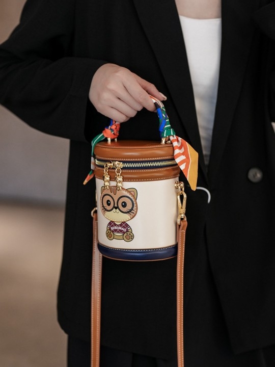 North Bag Geantă crossbody din PU, formă cilindrică rotundă, mică, buzunar telefon, buzunar carduri, fermoar, stil lux ușor