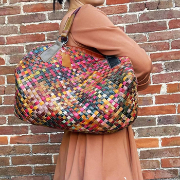 Geantă de damă din piele naturală, țesută manual, patchwork colorat, pentru umăr