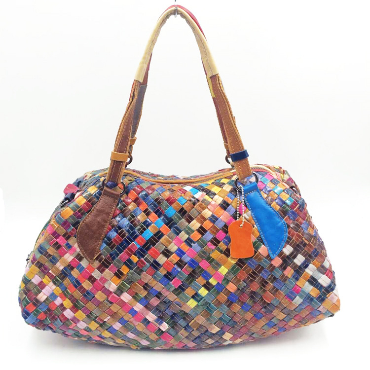 Geantă de damă din piele naturală, țesută manual, patchwork colorat, pentru umăr