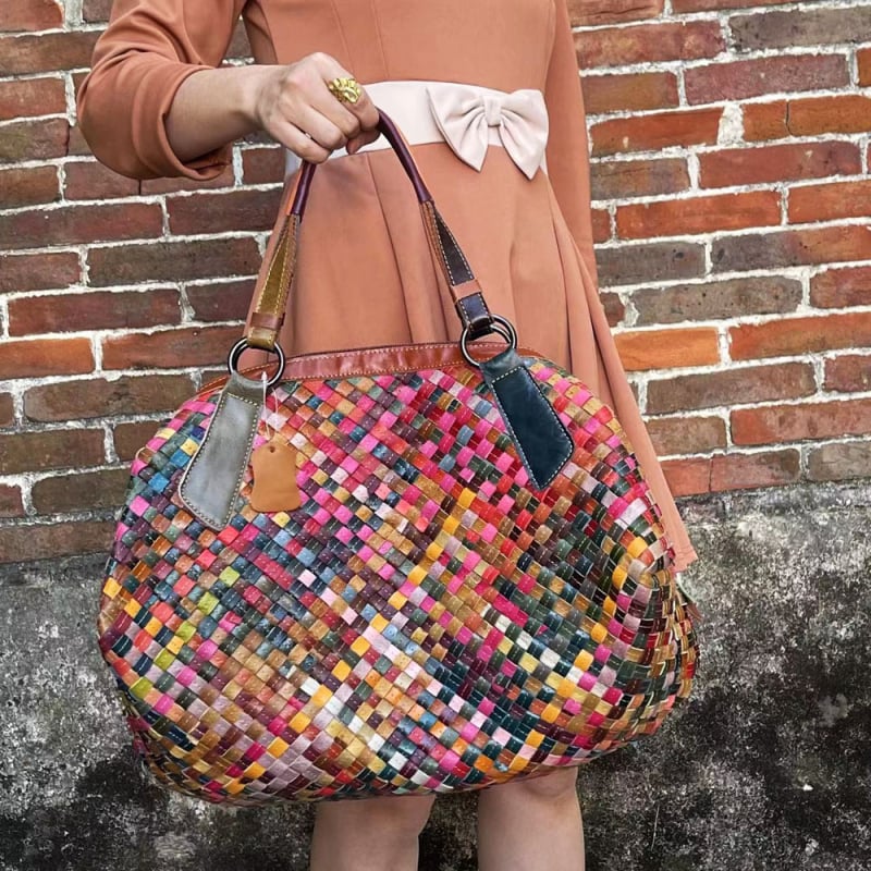 Geantă de damă din piele naturală, țesută manual, patchwork colorat, pentru umăr