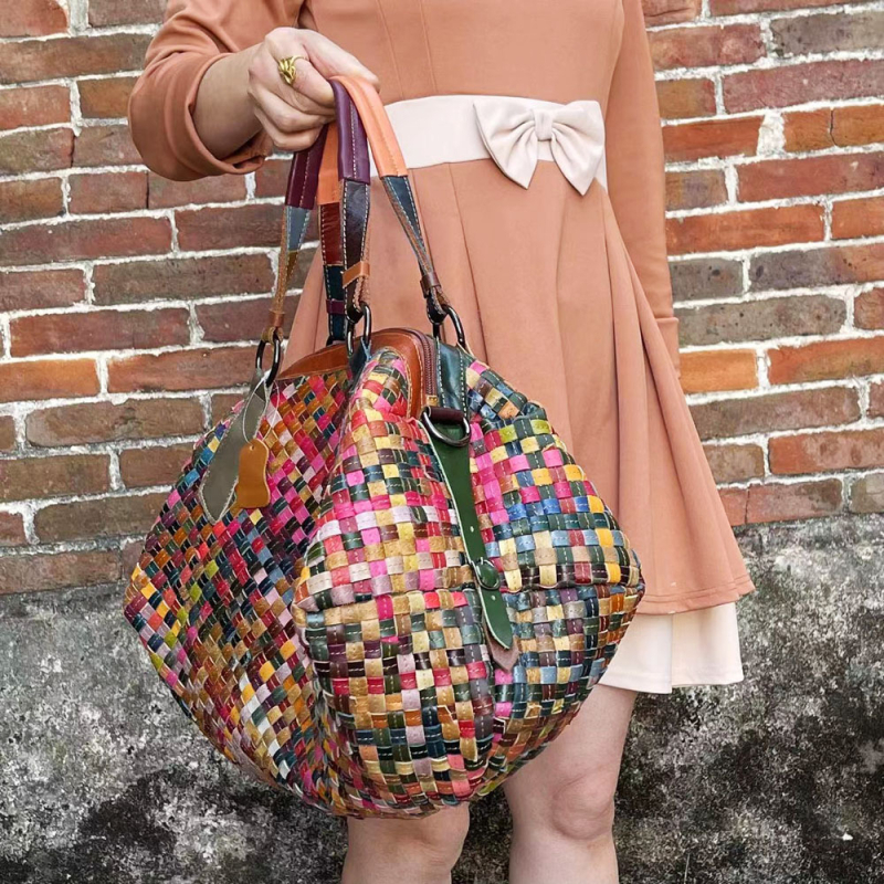 Geantă de damă din piele naturală, țesută manual, patchwork colorat, pentru umăr