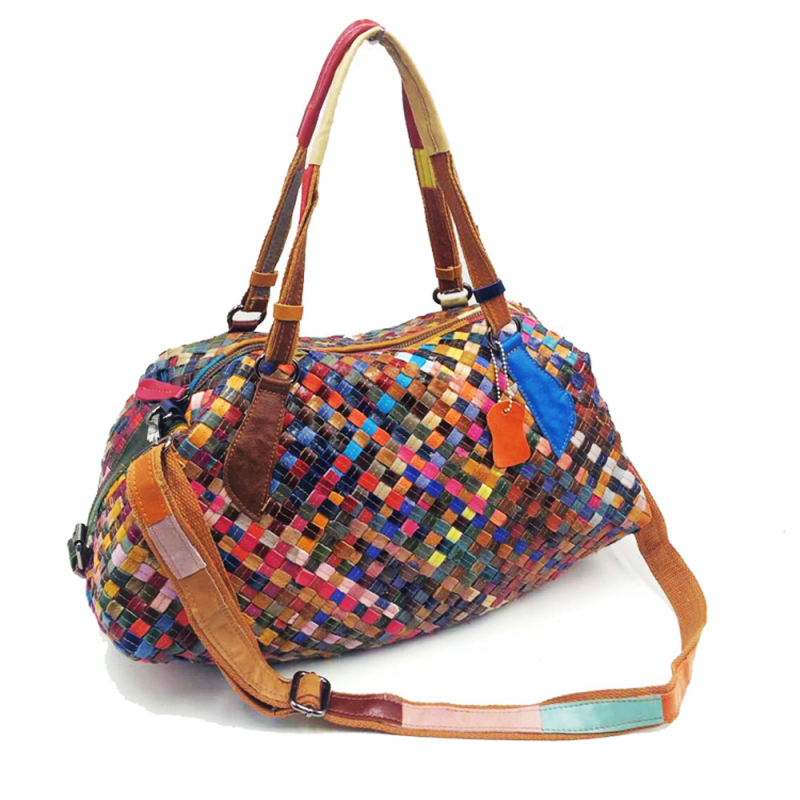 Geantă de damă din piele naturală, țesută manual, patchwork colorat, pentru umăr