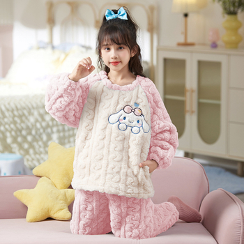 Set pijamale pentru fete, iarnă, fleece coral, imprimeu cu desene animate, 3–8 ani