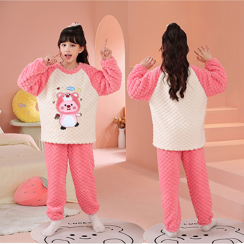Set pijamale pentru fete, iarnă, fleece coral, imprimeu cu desene animate, 3–8 ani