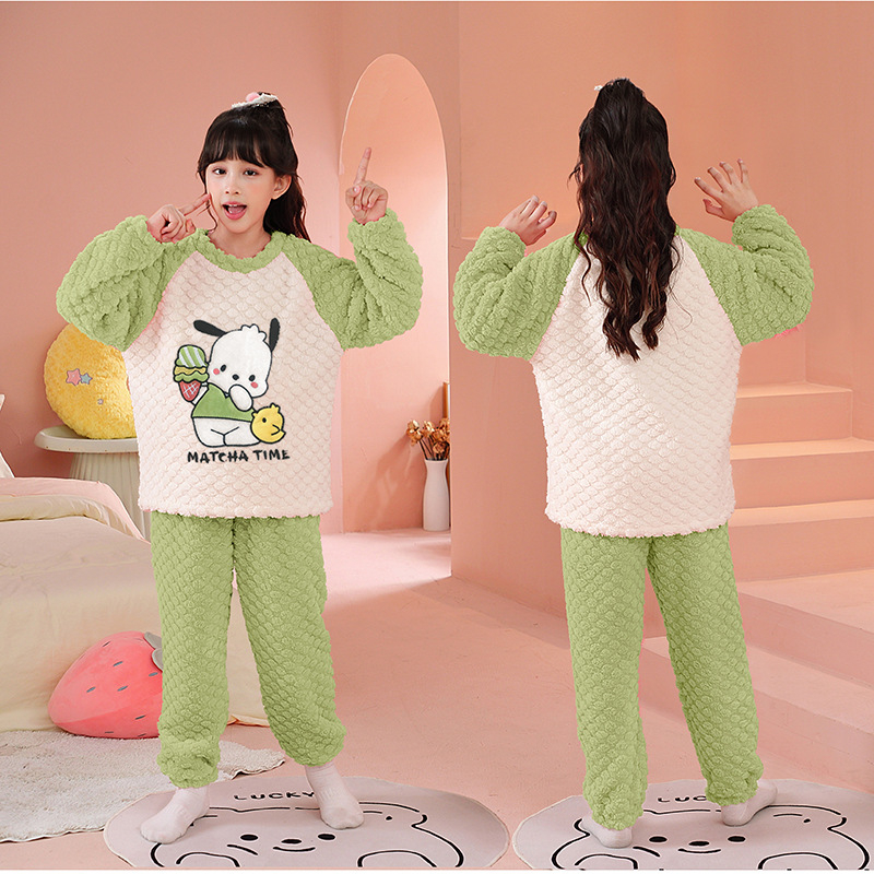 Set pijamale pentru fete, iarnă, fleece coral, imprimeu cu desene animate, 3–8 ani