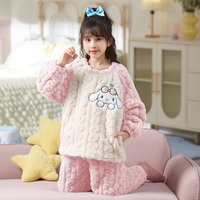 Set pijamale pentru fete, iarnă, fleece coral, imprimeu cu desene animate, 3–8 ani
