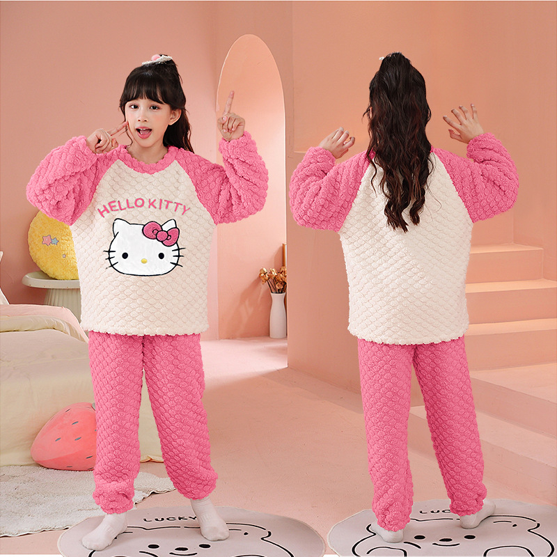 Set pijamale pentru fete, iarnă, fleece coral, imprimeu cu desene animate, 3–8 ani