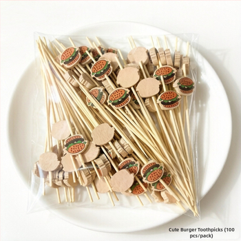 Bețișoare de bambus, formă hamburger, 12 cm, 100 bucăți pe pachet; bețișoare de unică folosință pentru fructe, deserturi și cocktailuri.