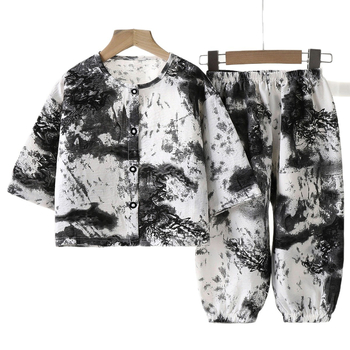 Set de pijamale pentru copii, vară, ușor, cu imprimeu în carouri, pantaloni lungi, respirabil pentru interior și exterior