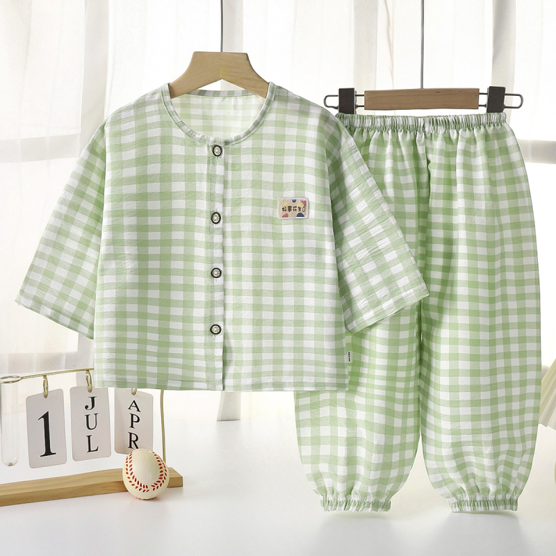 Set de pijamale pentru copii, vară, ușor, cu imprimeu în carouri, pantaloni lungi, respirabil pentru interior și exterior