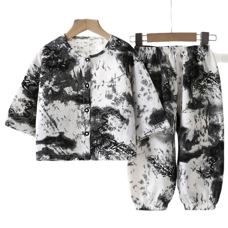 Set de pijamale pentru copii, vară, ușor, cu imprimeu în carouri, pantaloni lungi, respirabil pentru interior și exterior