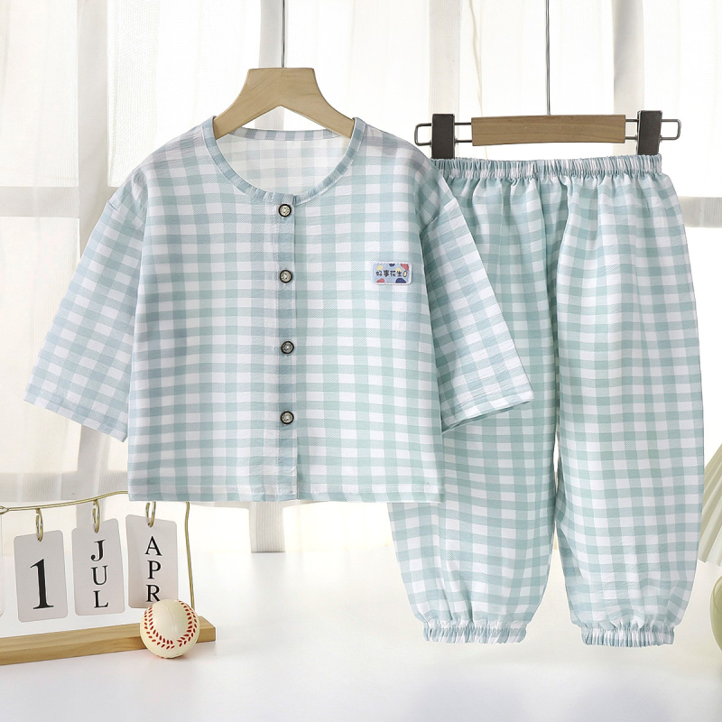 Set de pijamale pentru copii, vară, ușor, cu imprimeu în carouri, pantaloni lungi, respirabil pentru interior și exterior