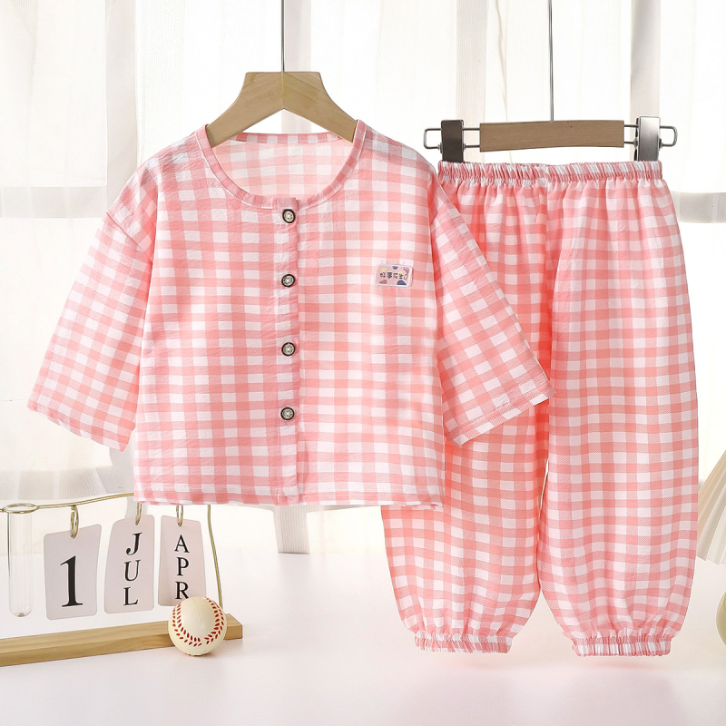 Set de pijamale pentru copii, vară, ușor, cu imprimeu în carouri, pantaloni lungi, respirabil pentru interior și exterior