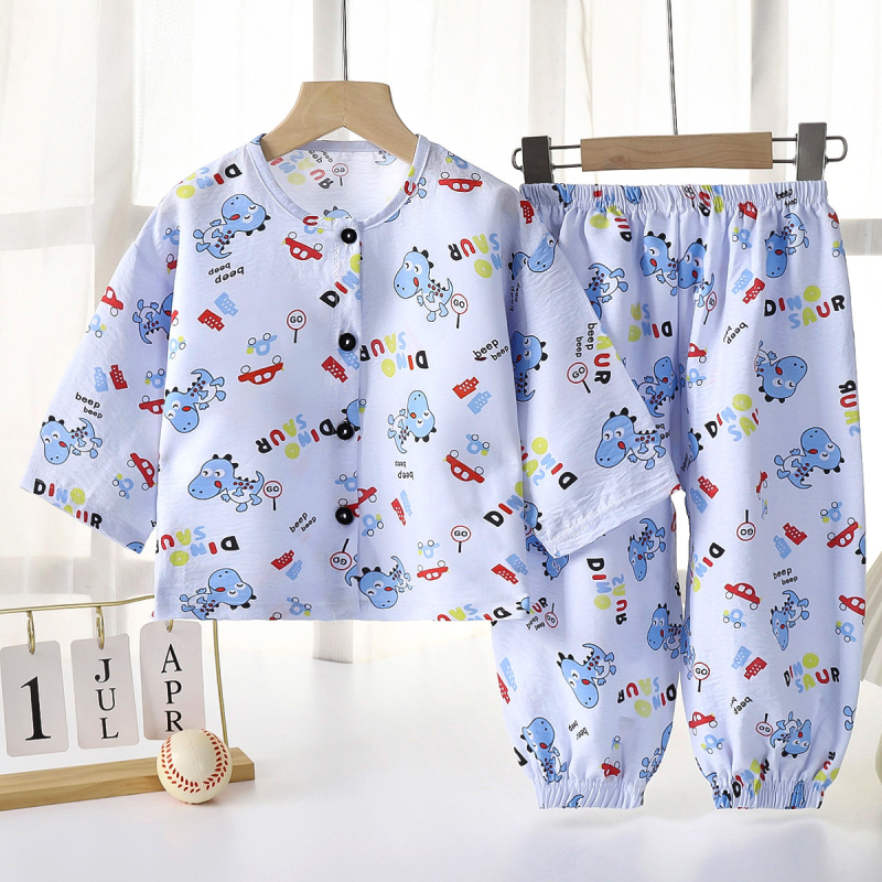 Set de pijamale pentru copii, vară, ușor, cu imprimeu în carouri, pantaloni lungi, respirabil pentru interior și exterior