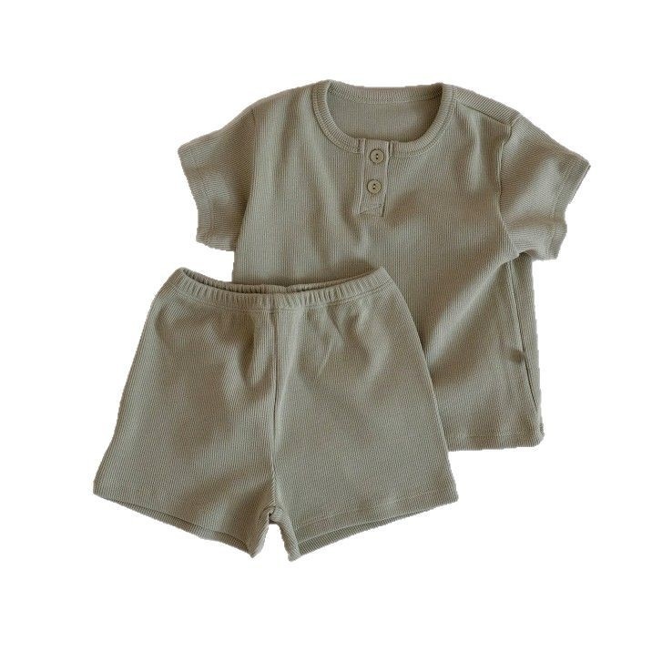 Set din două piese pentru copii, stil coreean, top din bumbac cu nasturi și pantaloni scurți, pentru vară