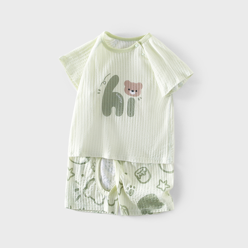 Set de vară din bumbac 100% pentru copii: tricou ușor cu mânecă scurtă și pantaloni cu crotch deschis, haine de vară pentru casă cu imprimeu desen animat