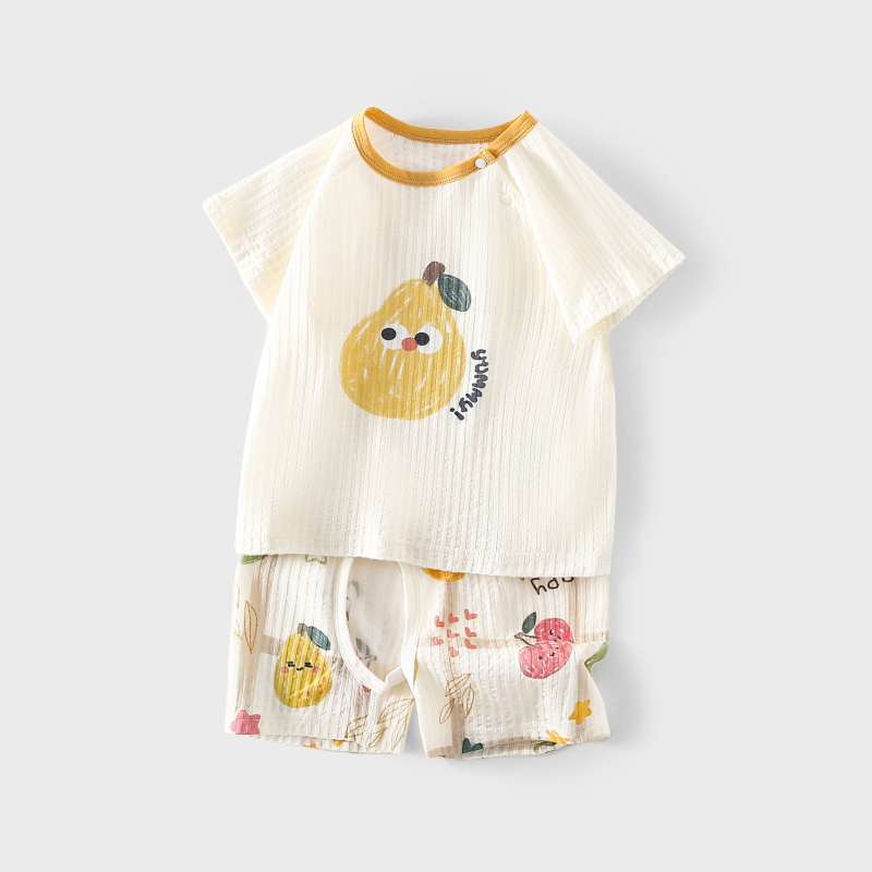 Set de vară din bumbac 100% pentru copii: tricou ușor cu mânecă scurtă și pantaloni cu crotch deschis, haine de vară pentru casă cu imprimeu desen animat