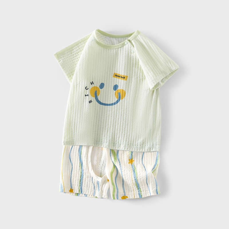 Set de vară din bumbac 100% pentru copii: tricou ușor cu mânecă scurtă și pantaloni cu crotch deschis, haine de vară pentru casă cu imprimeu desen animat