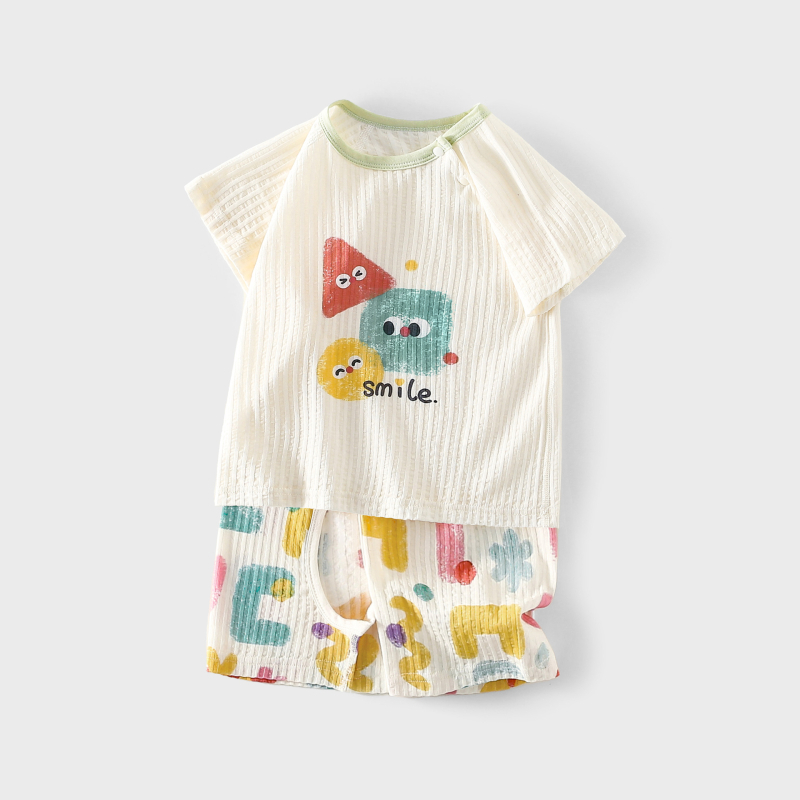 Set de vară din bumbac 100% pentru copii: tricou ușor cu mânecă scurtă și pantaloni cu crotch deschis, haine de vară pentru casă cu imprimeu desen animat