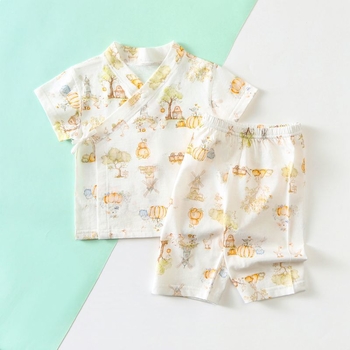 Set kimono pentru bebeluși cu mâneci scurte, bumbac subțire de vară, respirabil, absorbant de transpirație, pijama de casă din două piese