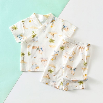 Set kimono pentru bebeluși cu mâneci scurte, bumbac subțire de vară, respirabil, absorbant de transpirație, pijama de casă din două piese