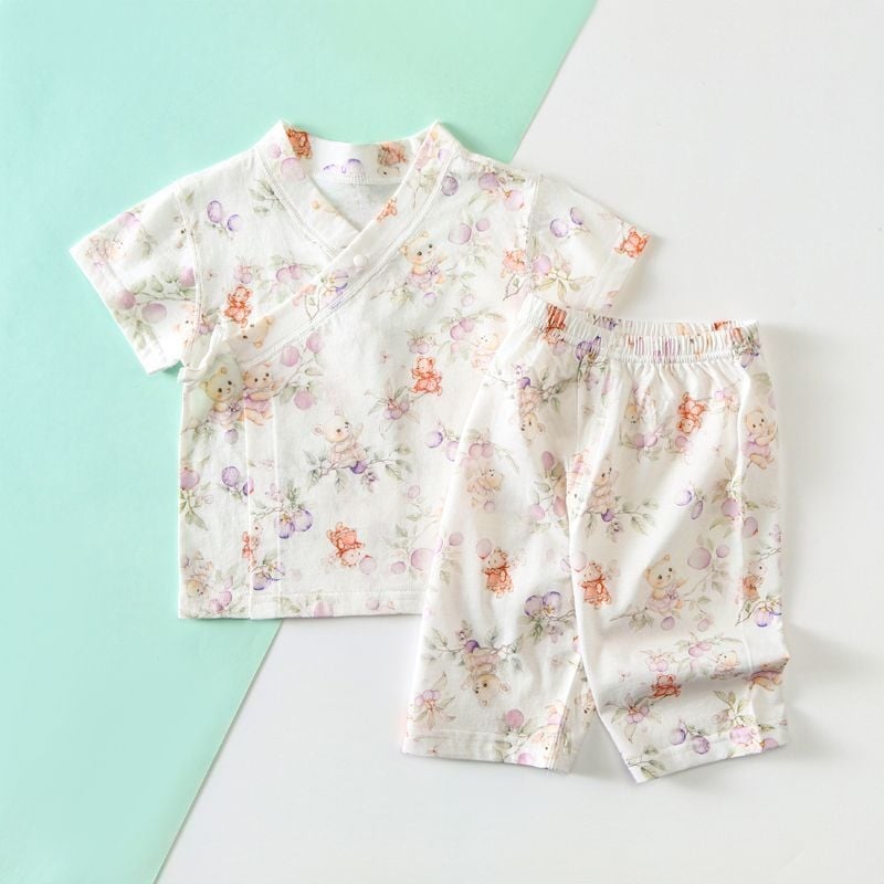 Set kimono pentru bebeluși cu mâneci scurte, bumbac subțire de vară, respirabil, absorbant de transpirație, pijama de casă din două piese