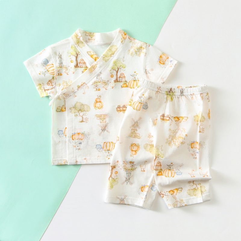 Set kimono pentru bebeluși cu mâneci scurte, bumbac subțire de vară, respirabil, absorbant de transpirație, pijama de casă din două piese