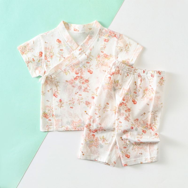 Set kimono pentru bebeluși cu mâneci scurte, bumbac subțire de vară, respirabil, absorbant de transpirație, pijama de casă din două piese