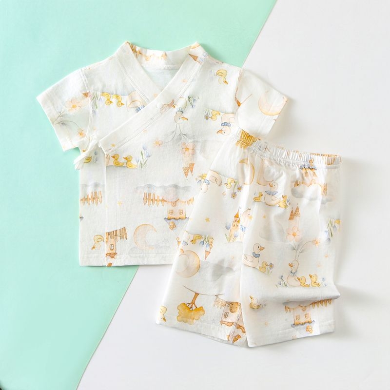 Set kimono pentru bebeluși cu mâneci scurte, bumbac subțire de vară, respirabil, absorbant de transpirație, pijama de casă din două piese