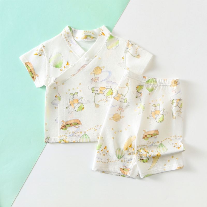 Set kimono pentru bebeluși cu mâneci scurte, bumbac subțire de vară, respirabil, absorbant de transpirație, pijama de casă din două piese