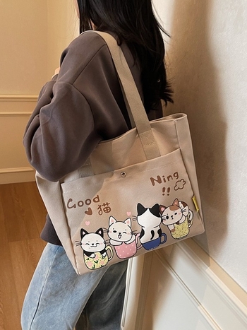 Geantă din canvas pentru femei, capacitate mare, casual, primăvara 2025, tote cu curea de umăr, stil japonez desen animat
