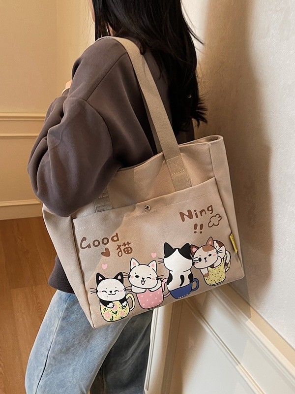Geantă din canvas pentru femei, capacitate mare, casual, primăvara 2025, tote cu curea de umăr, stil japonez desen animat