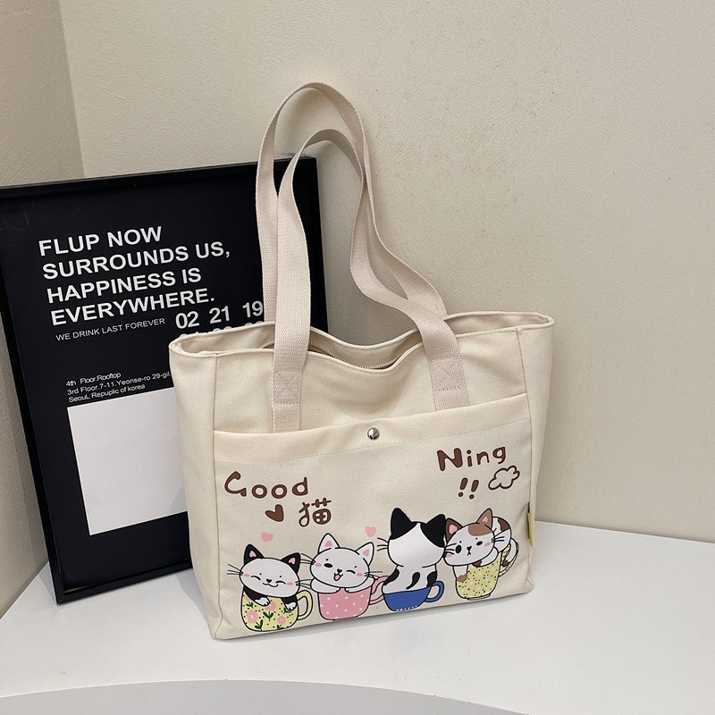 Geantă din canvas pentru femei, capacitate mare, casual, primăvara 2025, tote cu curea de umăr, stil japonez desen animat