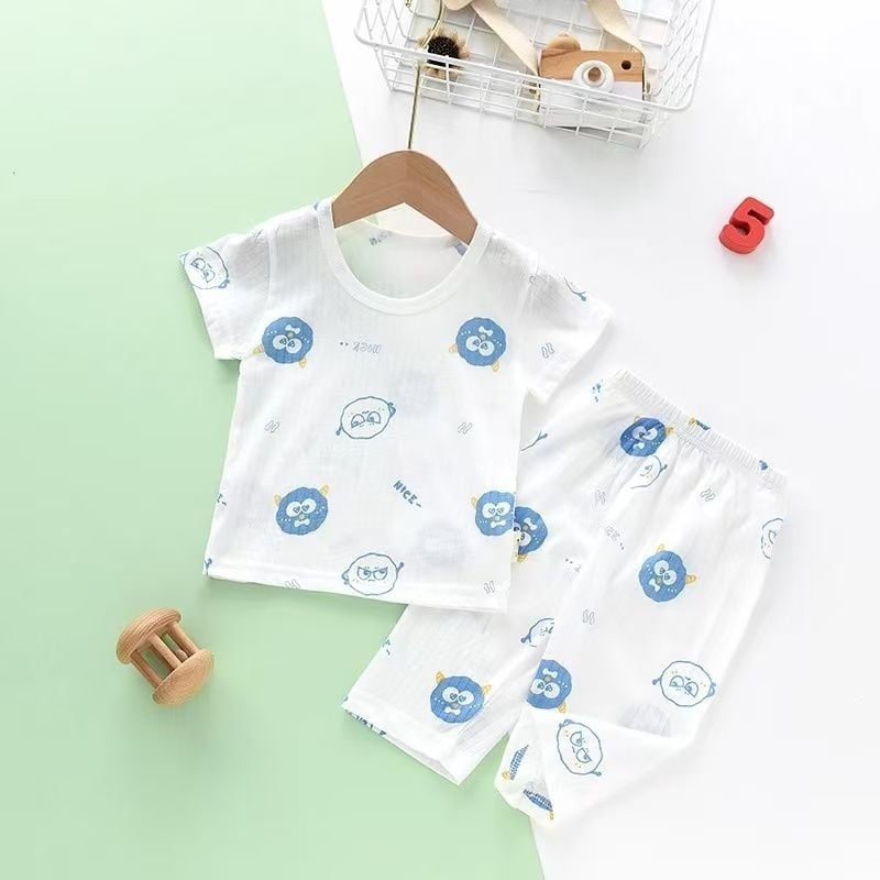 Set de vară pentru bebeluși din bumbac pur: tricou cu mânecă scurtă respirabil și pantaloni capri, unisex, protecție împotriva țânțarilor