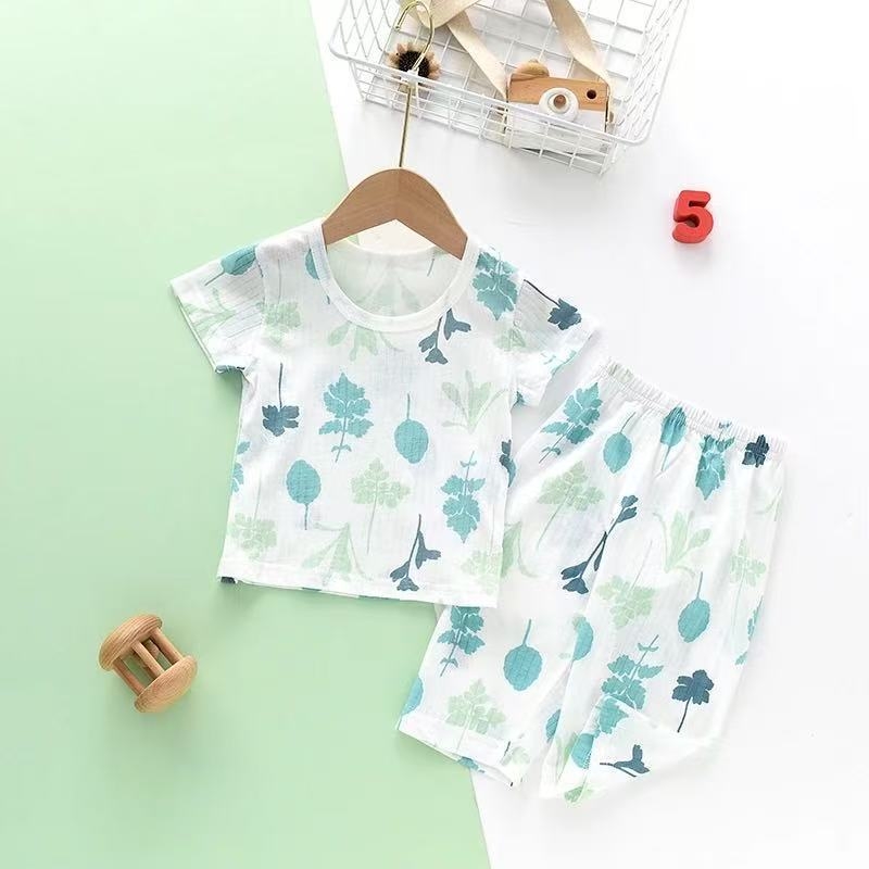 Set de vară pentru bebeluși din bumbac pur: tricou cu mânecă scurtă respirabil și pantaloni capri, unisex, protecție împotriva țânțarilor