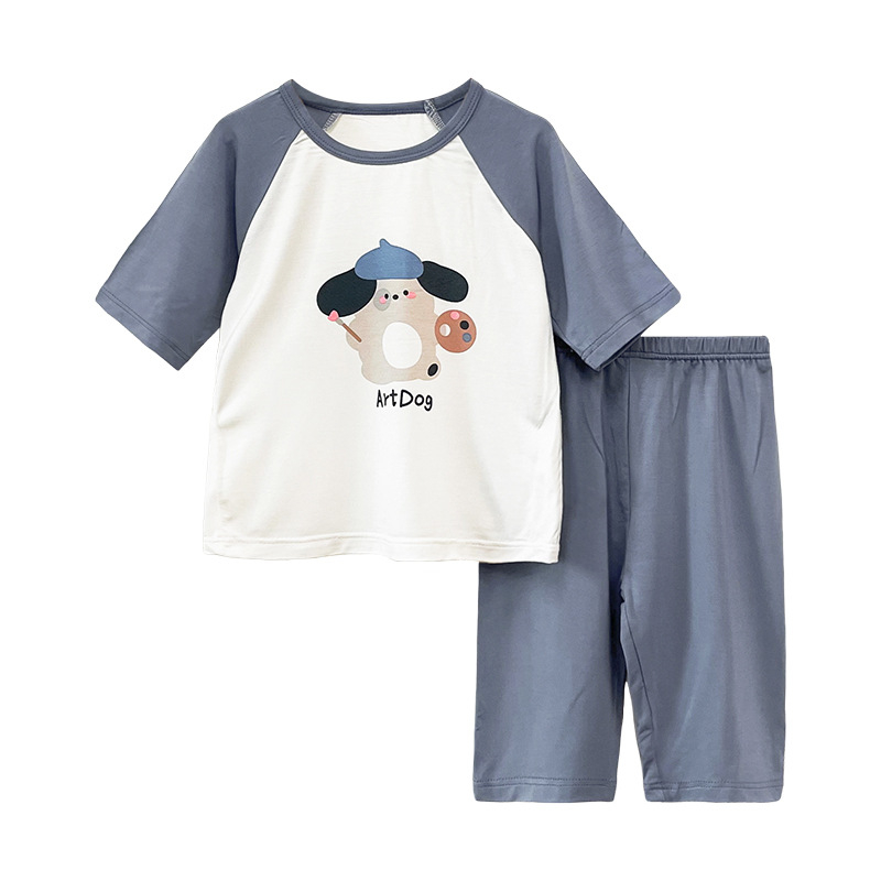 Set de pijamale pentru copii vara, Ice Silk, antibacterian 7A, respirabil, cu inserții colorate, ușor și confortabil pentru acasă