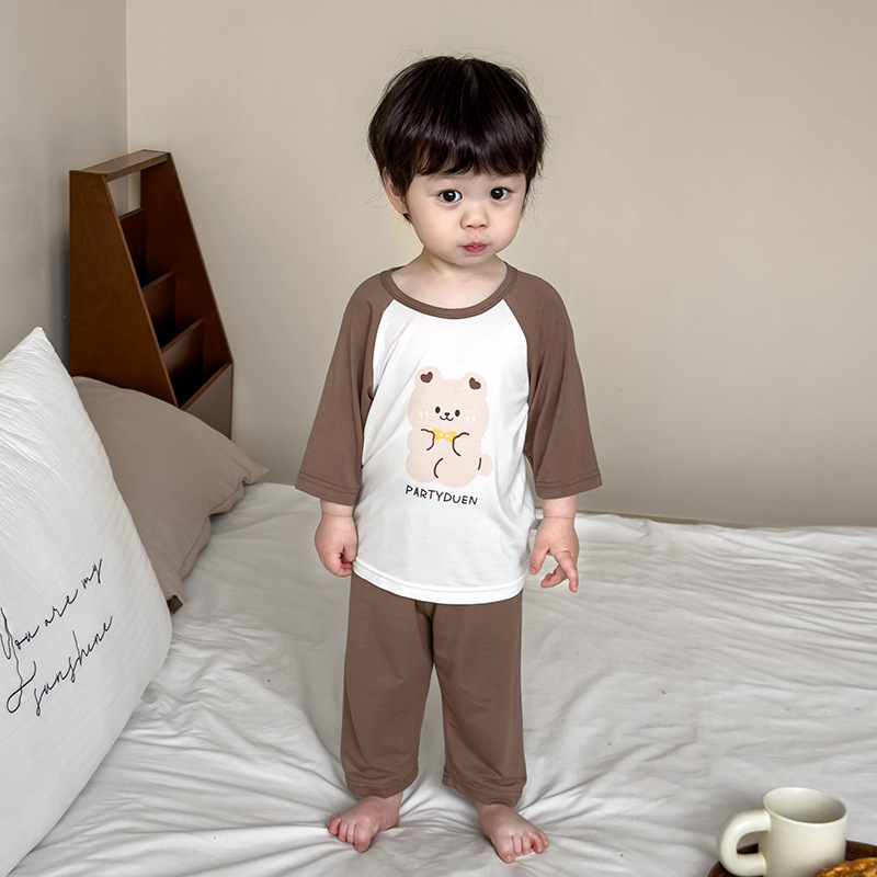 Set de pijamale pentru copii vara, Ice Silk, antibacterian 7A, respirabil, cu inserții colorate, ușor și confortabil pentru acasă