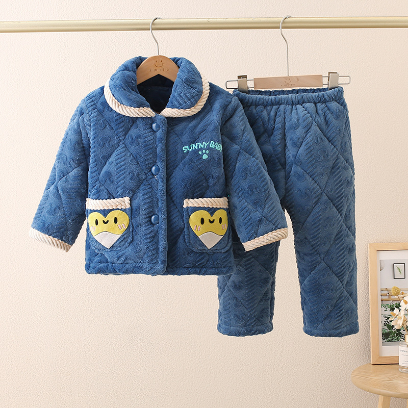 Set de pijamale pentru copii, iarnă, cu trei straturi de umplutură din flanel gros, călduros, unisex, haine de casă