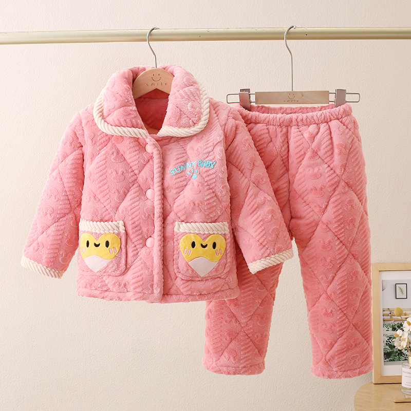 Set de pijamale pentru copii, iarnă, cu trei straturi de umplutură din flanel gros, călduros, unisex, haine de casă