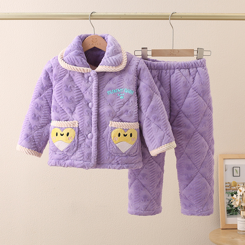 Set de pijamale pentru copii, iarnă, cu trei straturi de umplutură din flanel gros, călduros, unisex, haine de casă