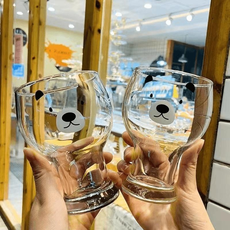 Pahar de apă din sticlă în stil coreean, cu design de ursuleț desen animat, drăguț și personalizabil, potrivit pentru mic dejun și desert