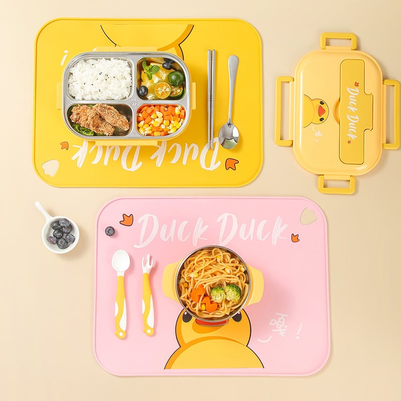 Placemat din silicon pentru pahare și farfurii — izolație termică, rezistentă la temperaturi înalte, pătrat, cu model rață.