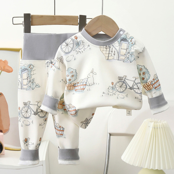 Set de underwear din bumbac pentru copii primăvară–toamnă cu talie înaltă pentru protecția abdomenului — tricou cu mânecă lungă și pantaloni, 100% bumbac