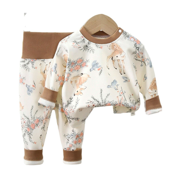Set de underwear din bumbac pentru copii primăvară–toamnă cu talie înaltă pentru protecția abdomenului — tricou cu mânecă lungă și pantaloni, 100% bumbac