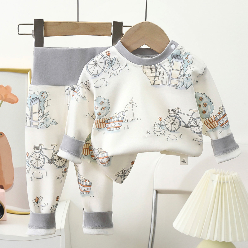 Set de underwear din bumbac pentru copii primăvară–toamnă cu talie înaltă pentru protecția abdomenului — tricou cu mânecă lungă și pantaloni, 100% bumbac