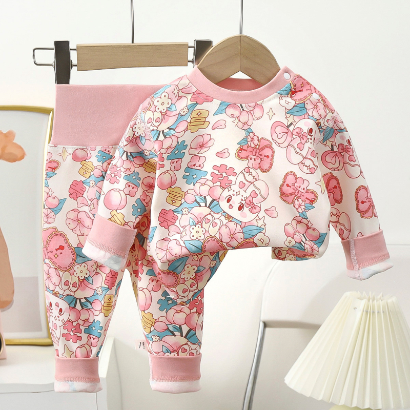 Set de underwear din bumbac pentru copii primăvară–toamnă cu talie înaltă pentru protecția abdomenului — tricou cu mânecă lungă și pantaloni, 100% bumbac